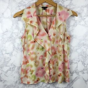 Ann Taylor Floral Ruffle Sleeveless Button Blouse